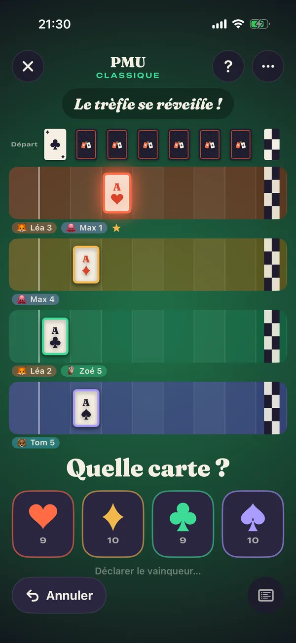 Course du PMU : quatre couloirs avec les as, les obstacles face cachée en haut et les quatre boutons de couleur « Quelle carte ? ».